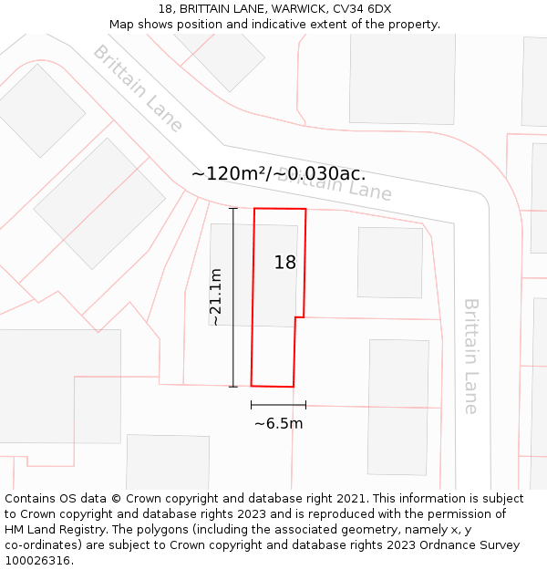 18, BRITTAIN LANE, WARWICK, CV34 6DX: Plot and title map
