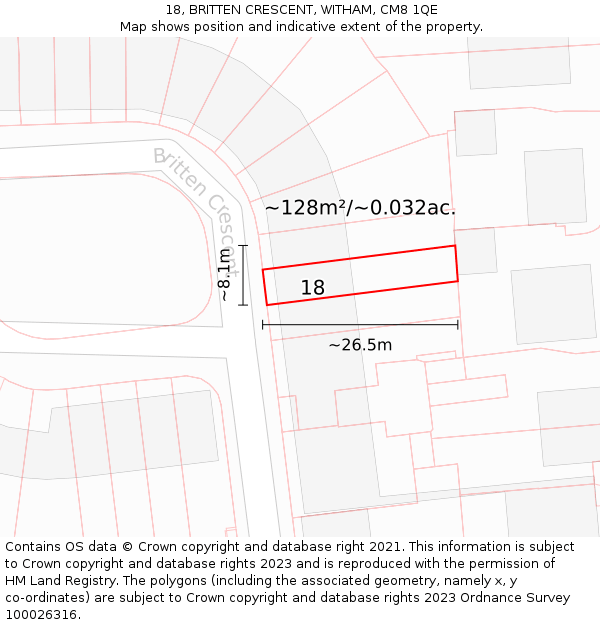 18, BRITTEN CRESCENT, WITHAM, CM8 1QE: Plot and title map