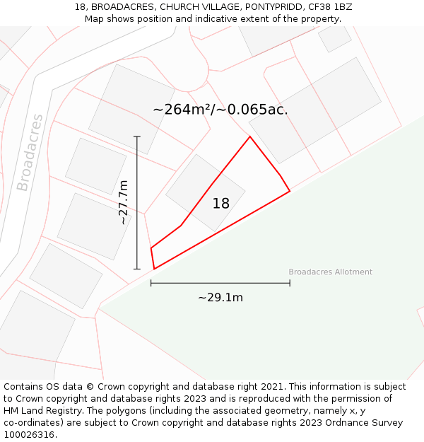 18, BROADACRES, CHURCH VILLAGE, PONTYPRIDD, CF38 1BZ: Plot and title map