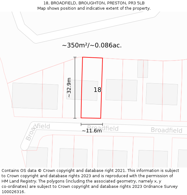 18, BROADFIELD, BROUGHTON, PRESTON, PR3 5LB: Plot and title map