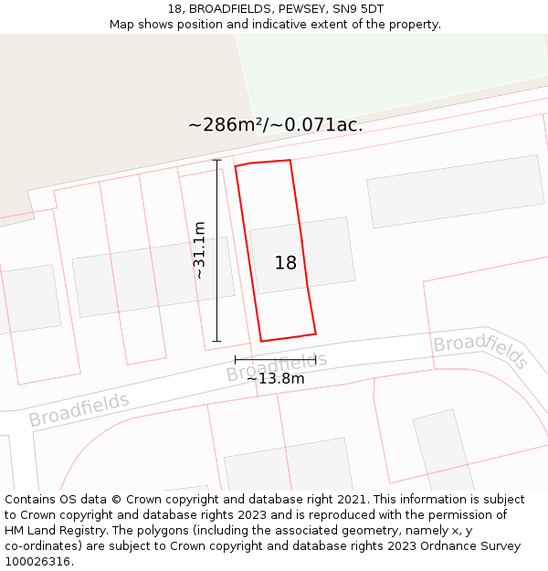 18, BROADFIELDS, PEWSEY, SN9 5DT: Plot and title map