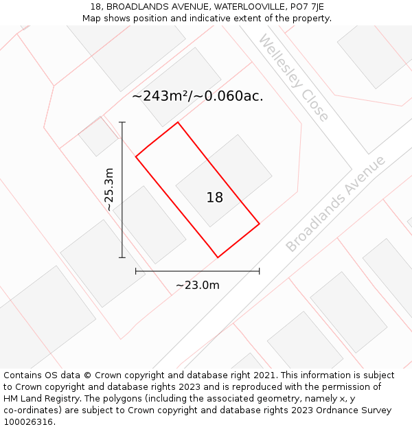 18, BROADLANDS AVENUE, WATERLOOVILLE, PO7 7JE: Plot and title map