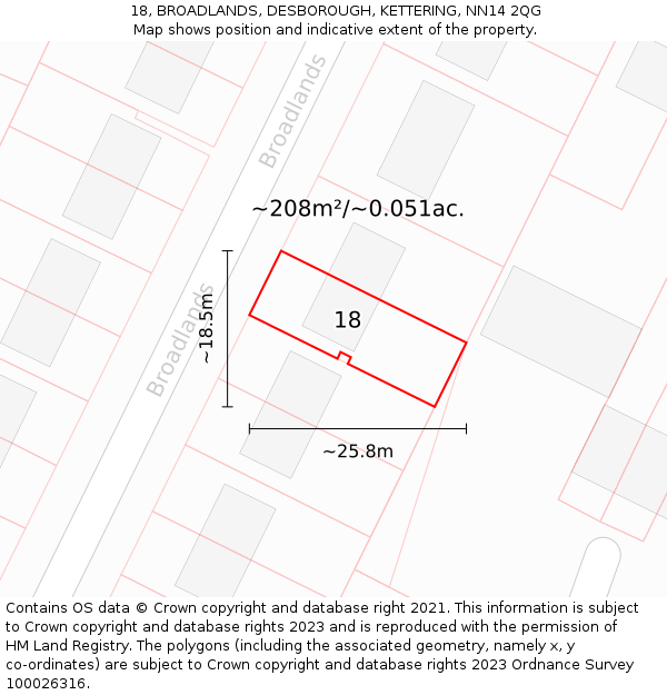 18, BROADLANDS, DESBOROUGH, KETTERING, NN14 2QG: Plot and title map