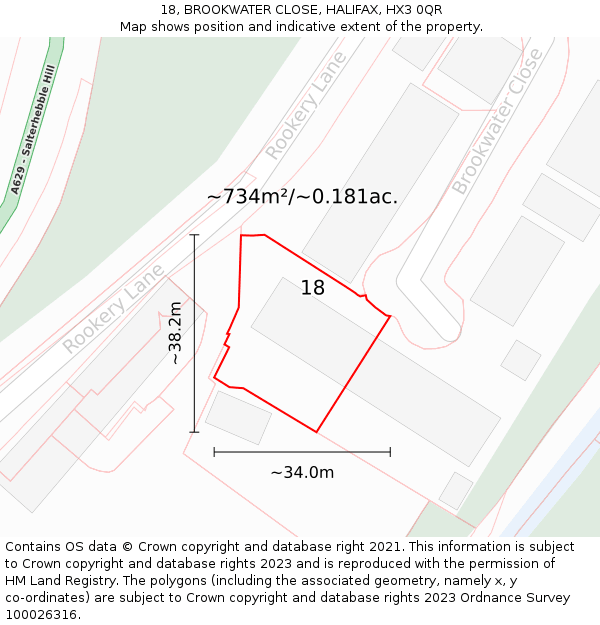 18, BROOKWATER CLOSE, HALIFAX, HX3 0QR: Plot and title map