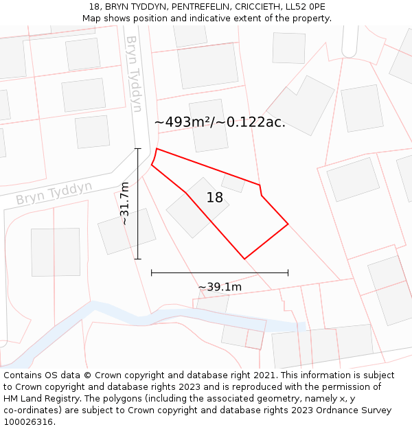 18, BRYN TYDDYN, PENTREFELIN, CRICCIETH, LL52 0PE: Plot and title map