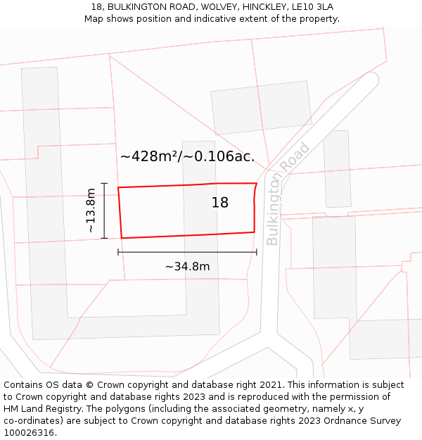 18, BULKINGTON ROAD, WOLVEY, HINCKLEY, LE10 3LA: Plot and title map