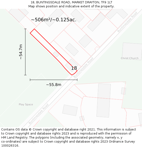 18, BUNTINGSDALE ROAD, MARKET DRAYTON, TF9 1LT: Plot and title map