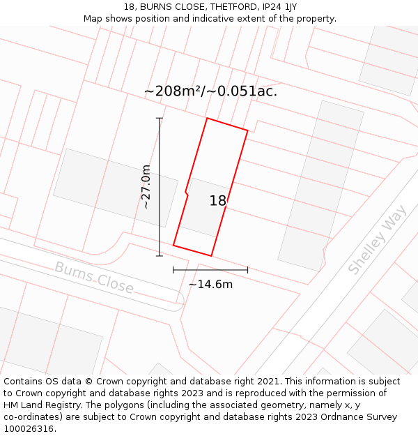 18, BURNS CLOSE, THETFORD, IP24 1JY: Plot and title map