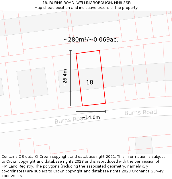 18, BURNS ROAD, WELLINGBOROUGH, NN8 3SB: Plot and title map