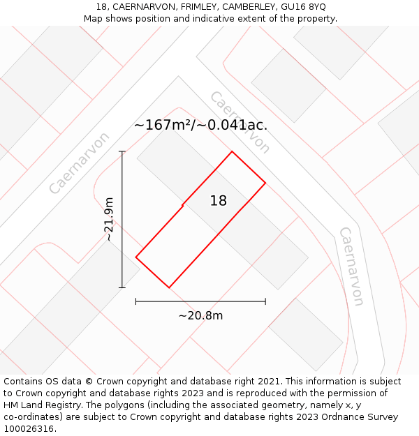 18, CAERNARVON, FRIMLEY, CAMBERLEY, GU16 8YQ: Plot and title map