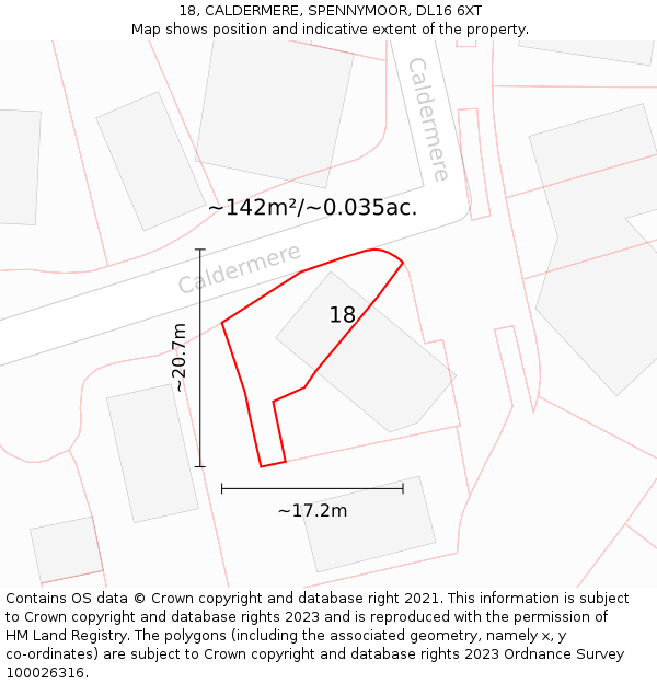 18, CALDERMERE, SPENNYMOOR, DL16 6XT: Plot and title map