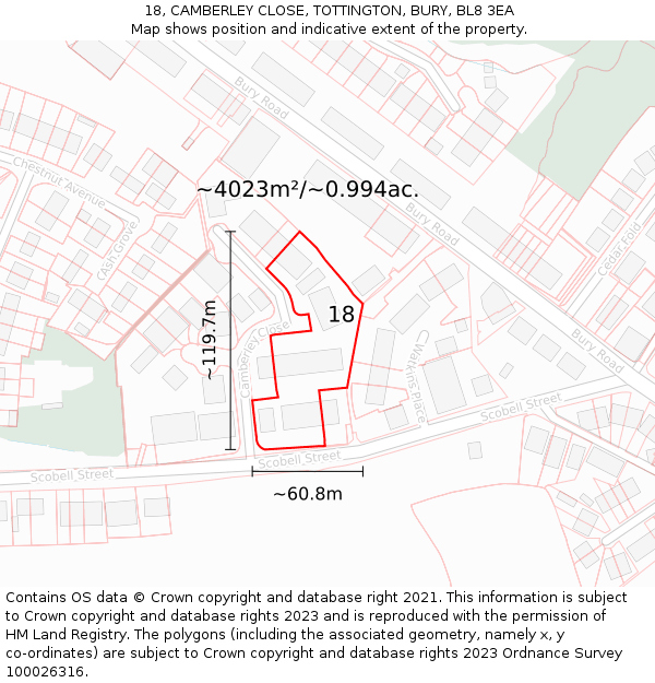 18, CAMBERLEY CLOSE, TOTTINGTON, BURY, BL8 3EA: Plot and title map