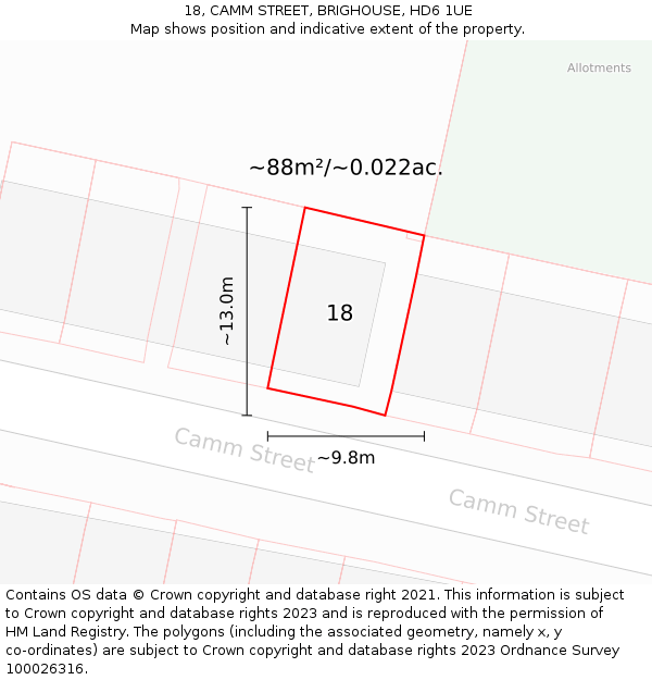 18, CAMM STREET, BRIGHOUSE, HD6 1UE: Plot and title map