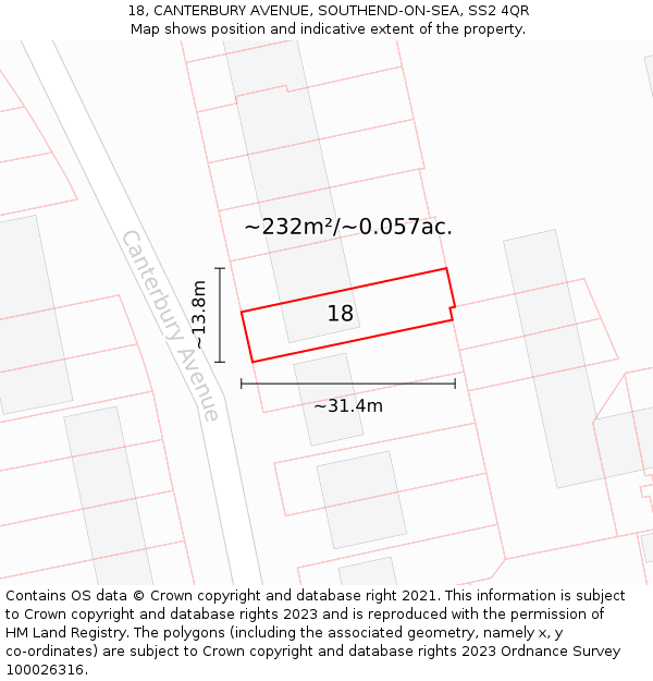 18, CANTERBURY AVENUE, SOUTHEND-ON-SEA, SS2 4QR: Plot and title map