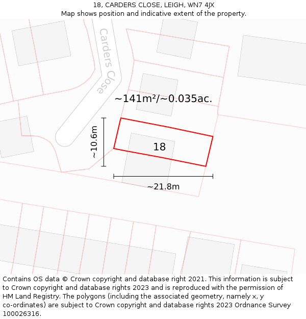 18, CARDERS CLOSE, LEIGH, WN7 4JX: Plot and title map