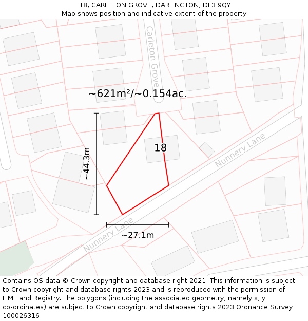 18, CARLETON GROVE, DARLINGTON, DL3 9QY: Plot and title map