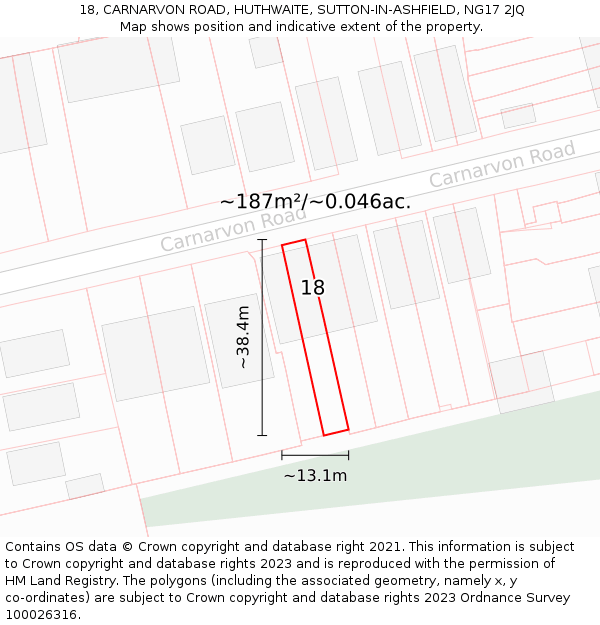 18, CARNARVON ROAD, HUTHWAITE, SUTTON-IN-ASHFIELD, NG17 2JQ: Plot and title map