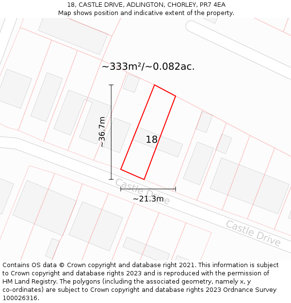 18, CASTLE DRIVE, ADLINGTON, CHORLEY, PR7 4EA: Plot and title map