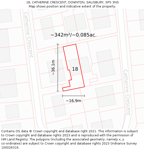 18, CATHERINE CRESCENT, DOWNTON, SALISBURY, SP5 3NS: Plot and title map