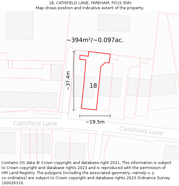 18, CATISFIELD LANE, FAREHAM, PO15 5NN: Plot and title map