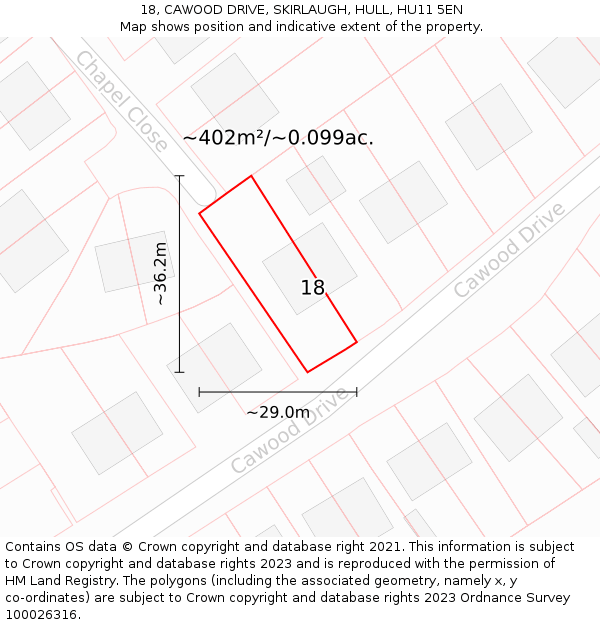 18, CAWOOD DRIVE, SKIRLAUGH, HULL, HU11 5EN: Plot and title map