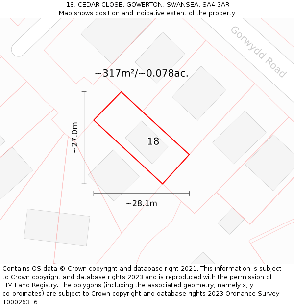 18, CEDAR CLOSE, GOWERTON, SWANSEA, SA4 3AR: Plot and title map