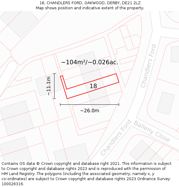 18, CHANDLERS FORD, OAKWOOD, DERBY, DE21 2LZ: Plot and title map