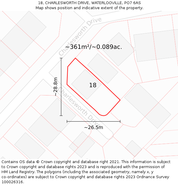 18, CHARLESWORTH DRIVE, WATERLOOVILLE, PO7 6AS: Plot and title map