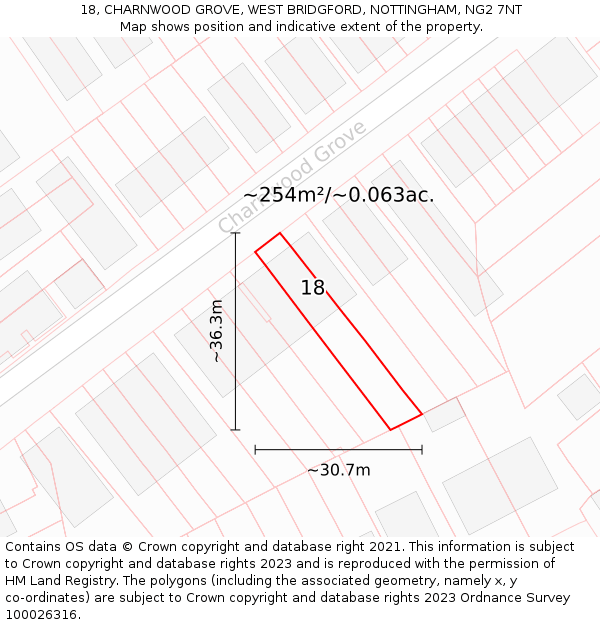 18, CHARNWOOD GROVE, WEST BRIDGFORD, NOTTINGHAM, NG2 7NT: Plot and title map