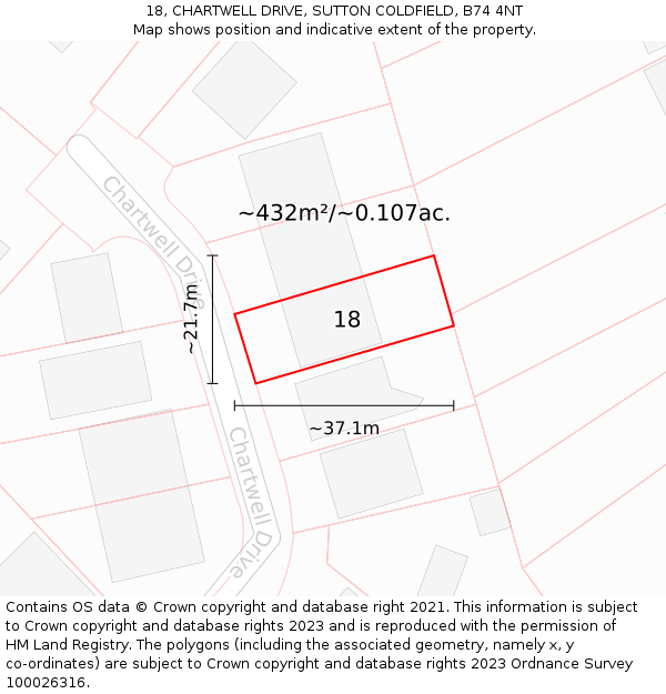 18, CHARTWELL DRIVE, SUTTON COLDFIELD, B74 4NT: Plot and title map