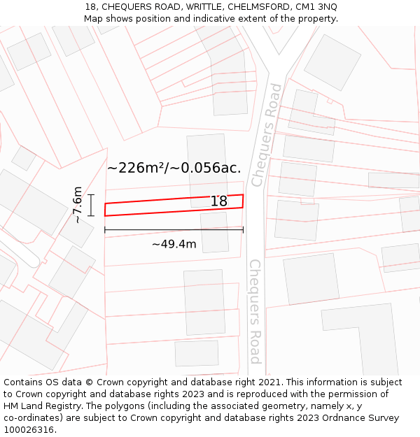 18, CHEQUERS ROAD, WRITTLE, CHELMSFORD, CM1 3NQ: Plot and title map