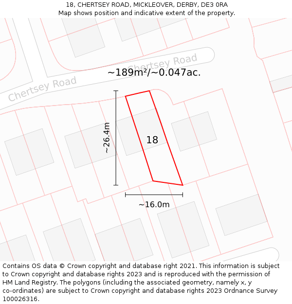 18, CHERTSEY ROAD, MICKLEOVER, DERBY, DE3 0RA: Plot and title map