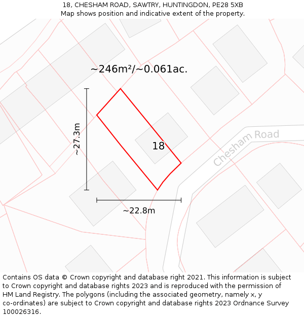 18, CHESHAM ROAD, SAWTRY, HUNTINGDON, PE28 5XB: Plot and title map