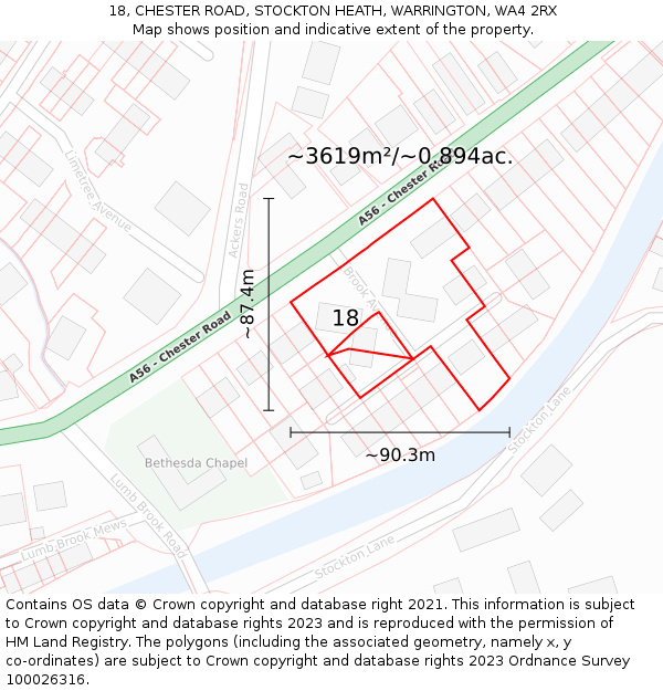 18, CHESTER ROAD, STOCKTON HEATH, WARRINGTON, WA4 2RX: Plot and title map