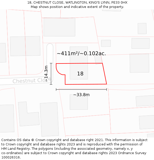 18, CHESTNUT CLOSE, WATLINGTON, KING'S LYNN, PE33 0HX: Plot and title map