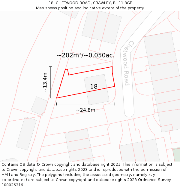 18, CHETWOOD ROAD, CRAWLEY, RH11 8GB: Plot and title map