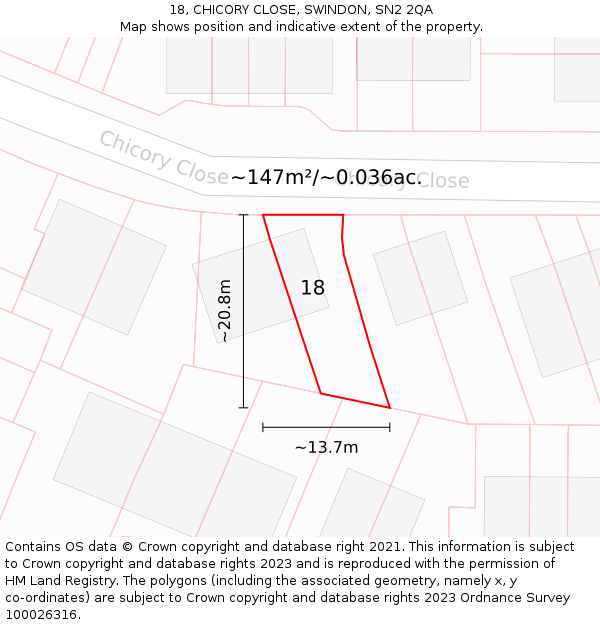 18, CHICORY CLOSE, SWINDON, SN2 2QA: Plot and title map