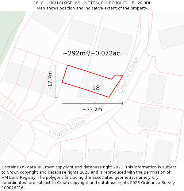 18, CHURCH CLOSE, ASHINGTON, PULBOROUGH, RH20 3DL: Plot and title map