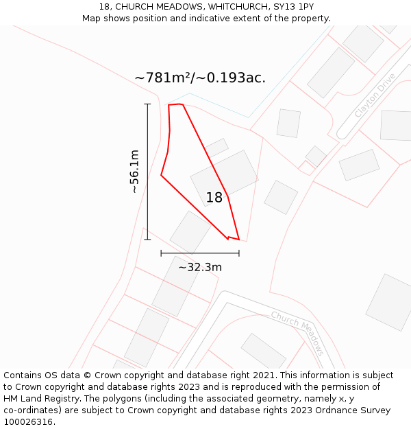 18, CHURCH MEADOWS, WHITCHURCH, SY13 1PY: Plot and title map