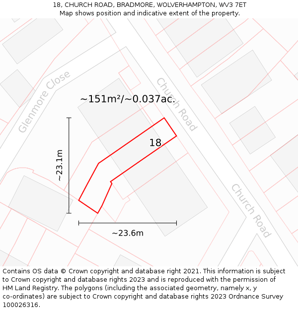 18, CHURCH ROAD, BRADMORE, WOLVERHAMPTON, WV3 7ET: Plot and title map