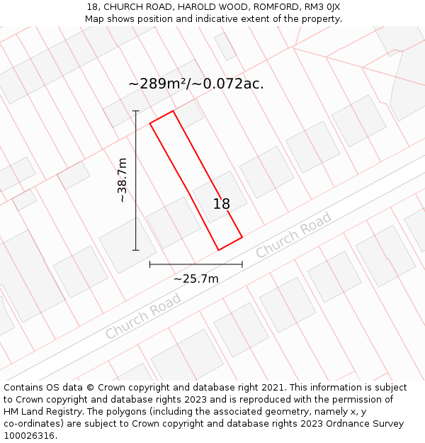 18, CHURCH ROAD, HAROLD WOOD, ROMFORD, RM3 0JX: Plot and title map