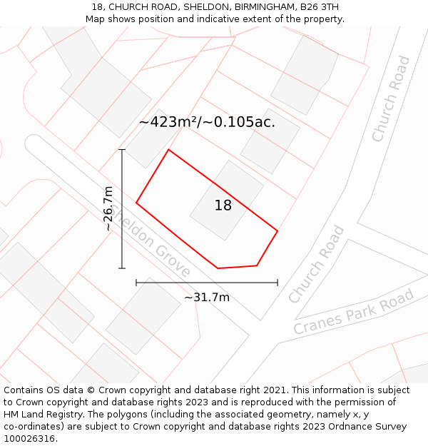 18, CHURCH ROAD, SHELDON, BIRMINGHAM, B26 3TH: Plot and title map