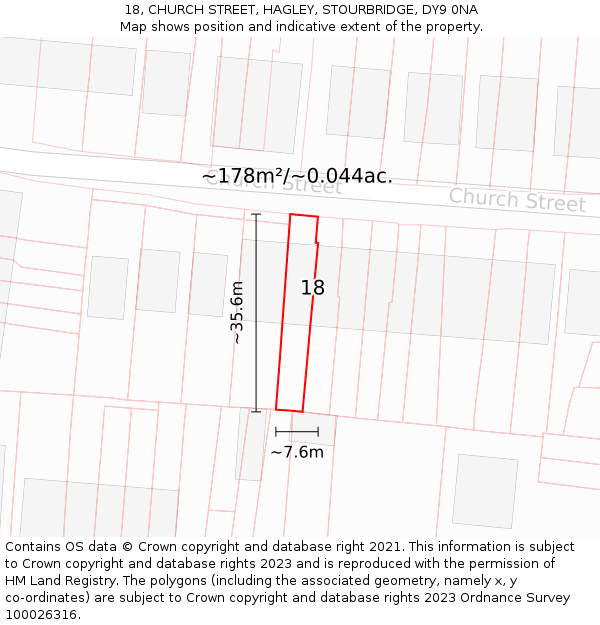 18, CHURCH STREET, HAGLEY, STOURBRIDGE, DY9 0NA: Plot and title map