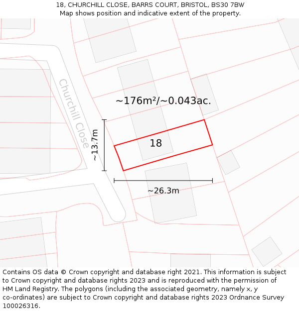 18, CHURCHILL CLOSE, BARRS COURT, BRISTOL, BS30 7BW: Plot and title map