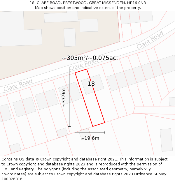 18, CLARE ROAD, PRESTWOOD, GREAT MISSENDEN, HP16 0NR: Plot and title map