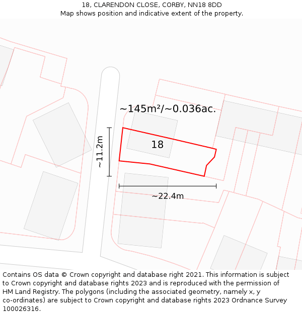 18, CLARENDON CLOSE, CORBY, NN18 8DD: Plot and title map