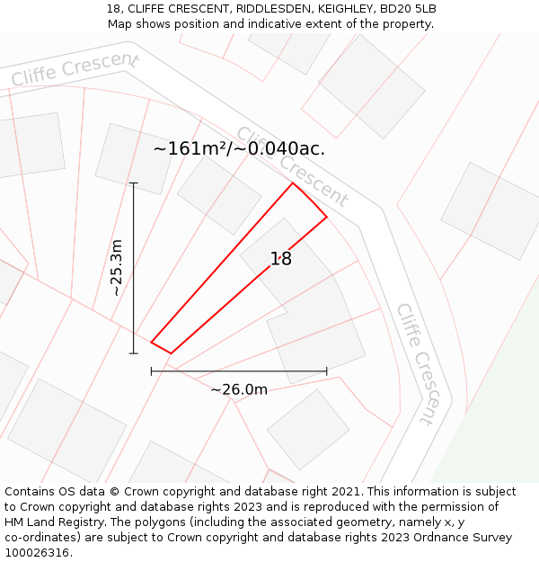 18, CLIFFE CRESCENT, RIDDLESDEN, KEIGHLEY, BD20 5LB: Plot and title map