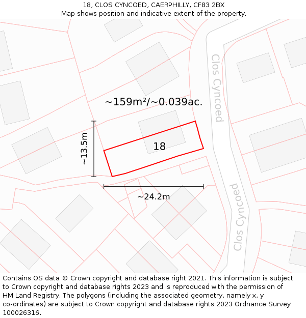 18, CLOS CYNCOED, CAERPHILLY, CF83 2BX: Plot and title map