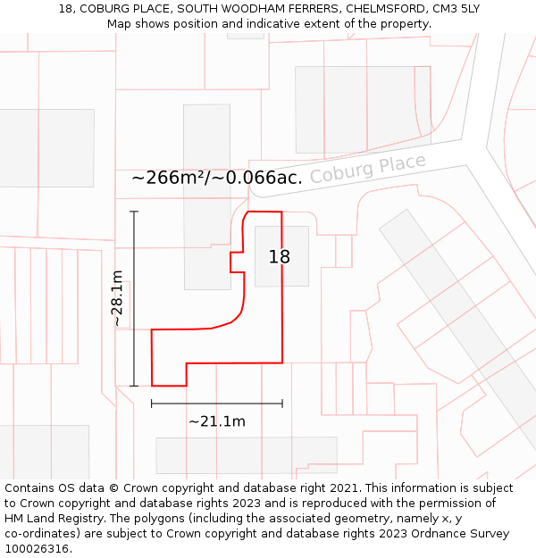 18, COBURG PLACE, SOUTH WOODHAM FERRERS, CHELMSFORD, CM3 5LY: Plot and title map