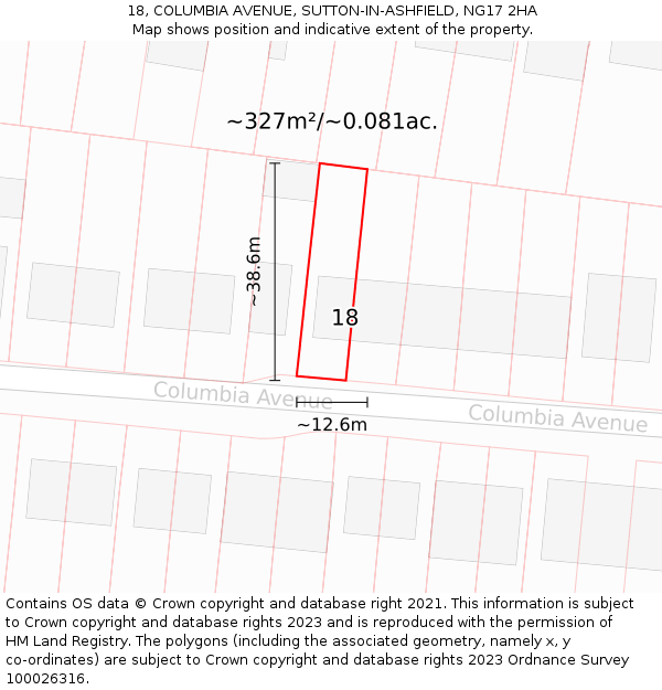 18, COLUMBIA AVENUE, SUTTON-IN-ASHFIELD, NG17 2HA: Plot and title map